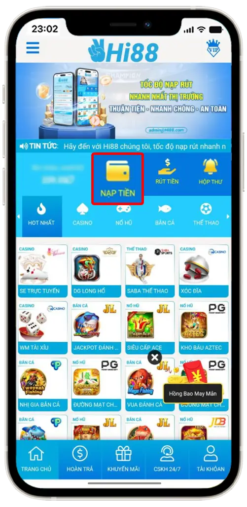 Bước 1: Tại trang chủ chọn mục "NẠP TIỀN".